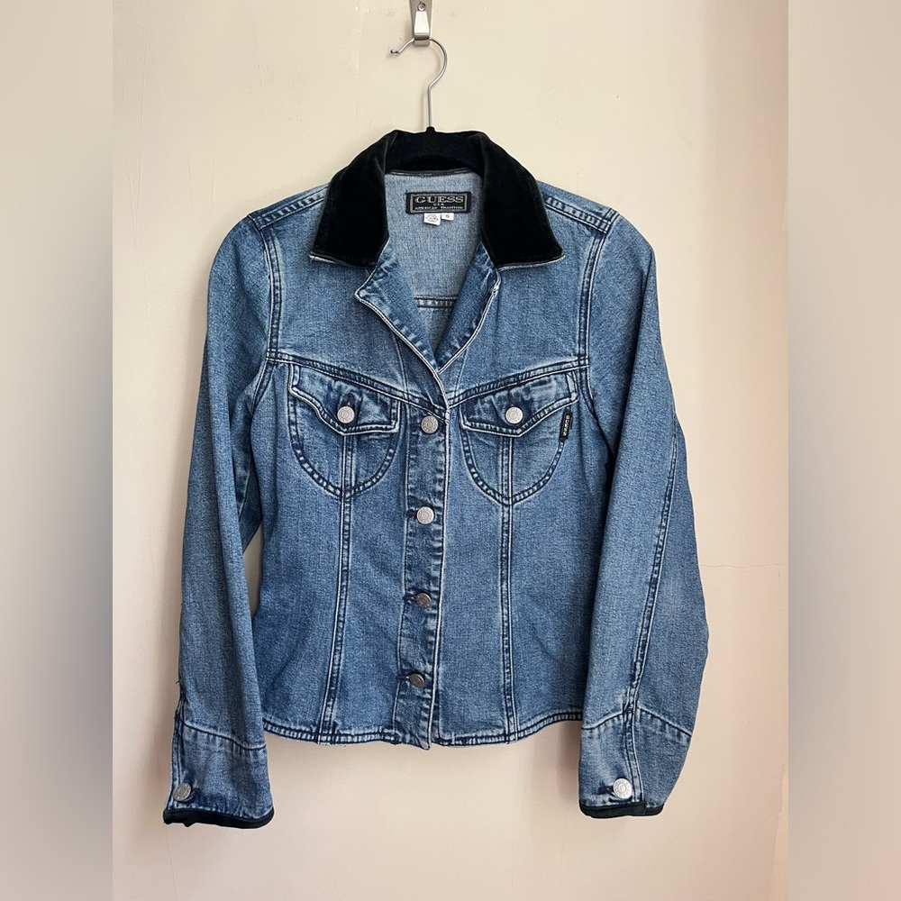 vintage GUESS made in USA 100% cotton denim jacket with velvet contrast collar